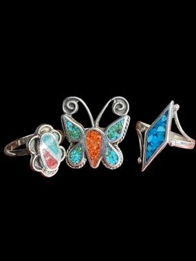 Lot 3 Vtg SW Chip Inlay Silver Tone Rings Sz 6 Butterfly Turquoise